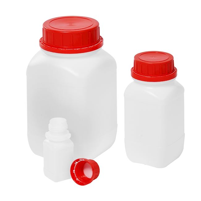 Square bottle natural PE-HD 250 ml, red lid